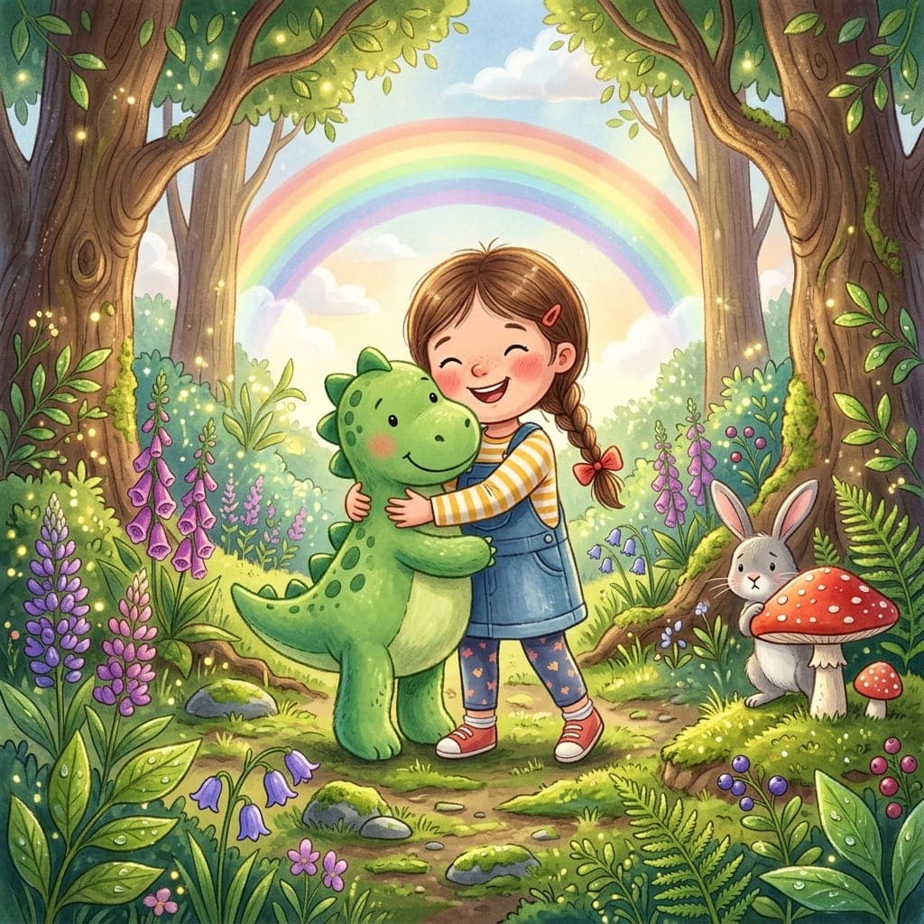 Picture book illustration: a young girl hugging a stuffed dinosaur in a magical forest with a rainbow