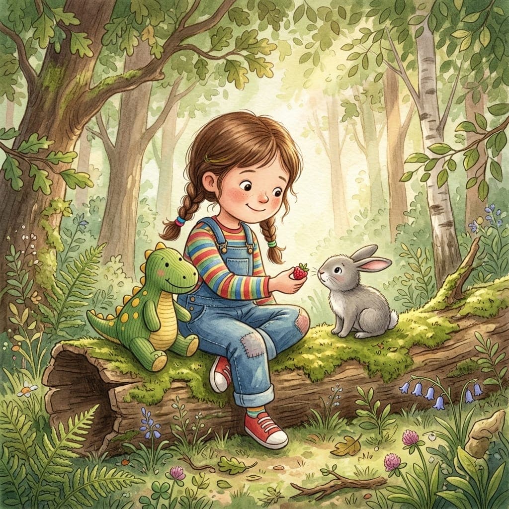 Picture book illustration: the same girl sharing a berry with a shy rabbit in the forest
