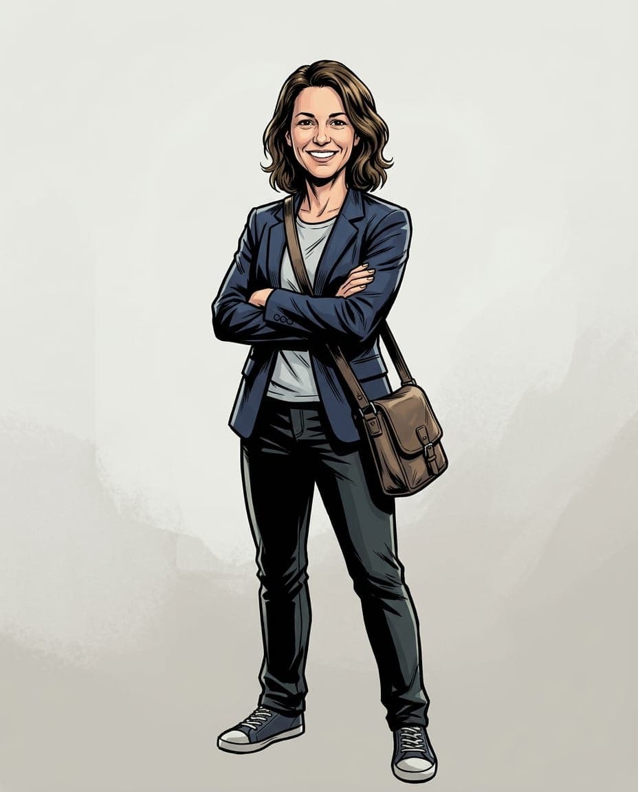 The same woman illustrated as a premium comic-book hero