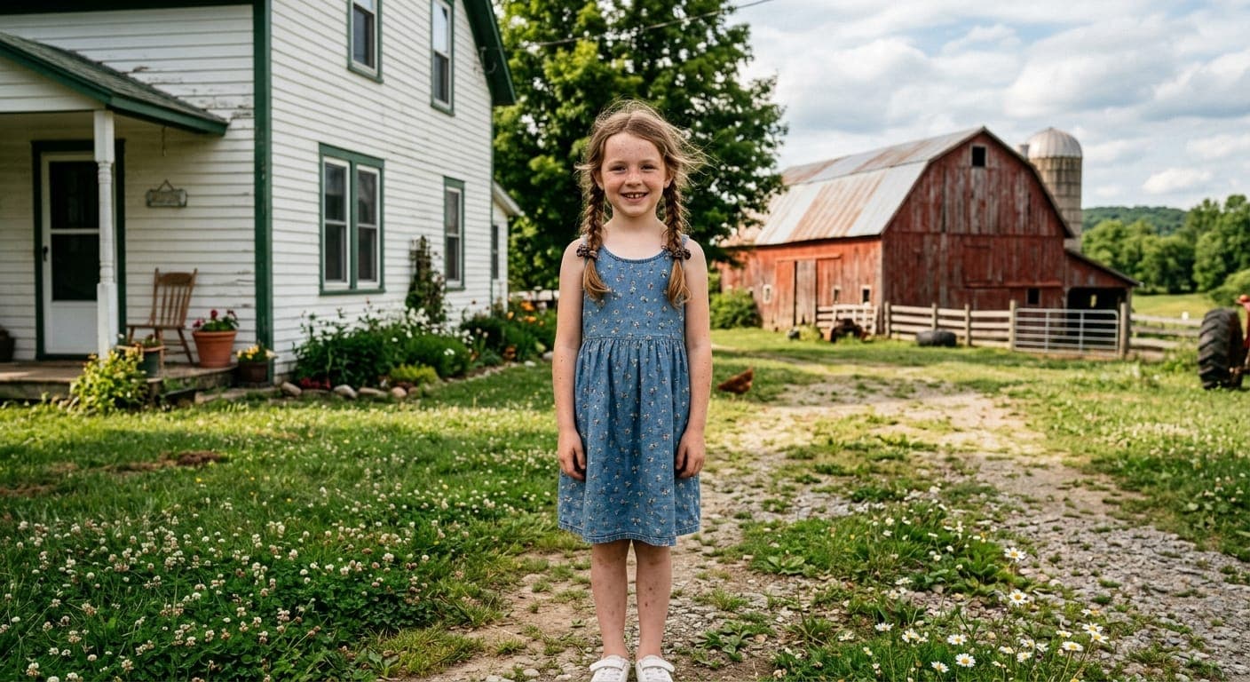 Photo of a young girl standing in front of a farmhouse