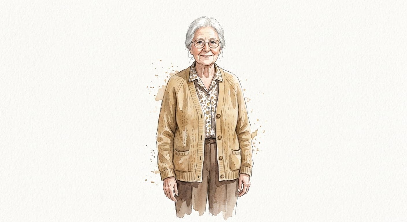 Watercolor illustration of the same woman today, from a real photo