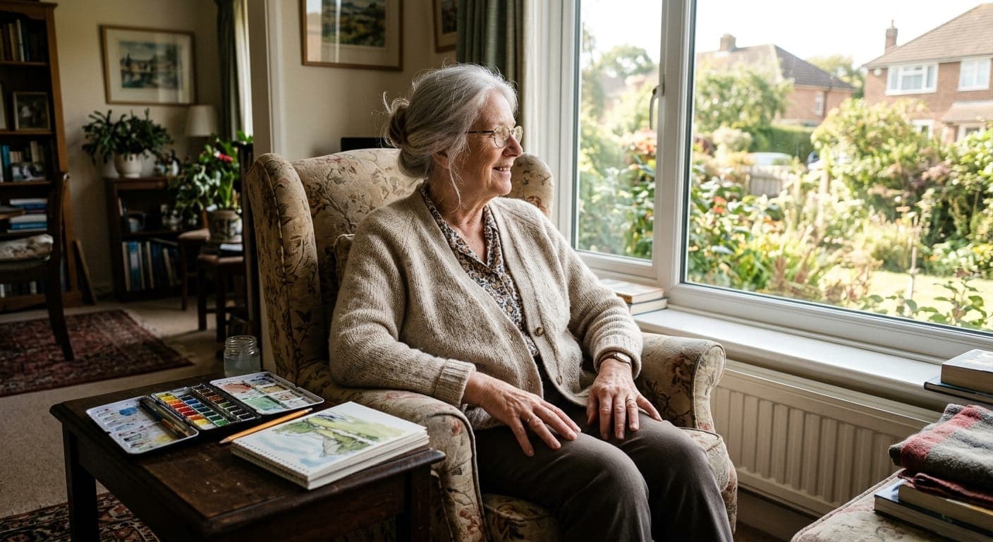 Photo of a woman in her 70s sitting by a window with watercolor paints