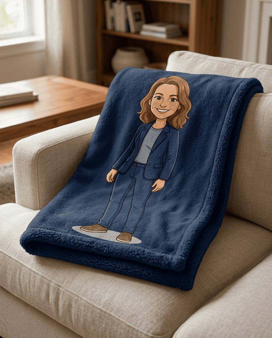 Sample sherpa blanket printed with an illustrated hero portrait
