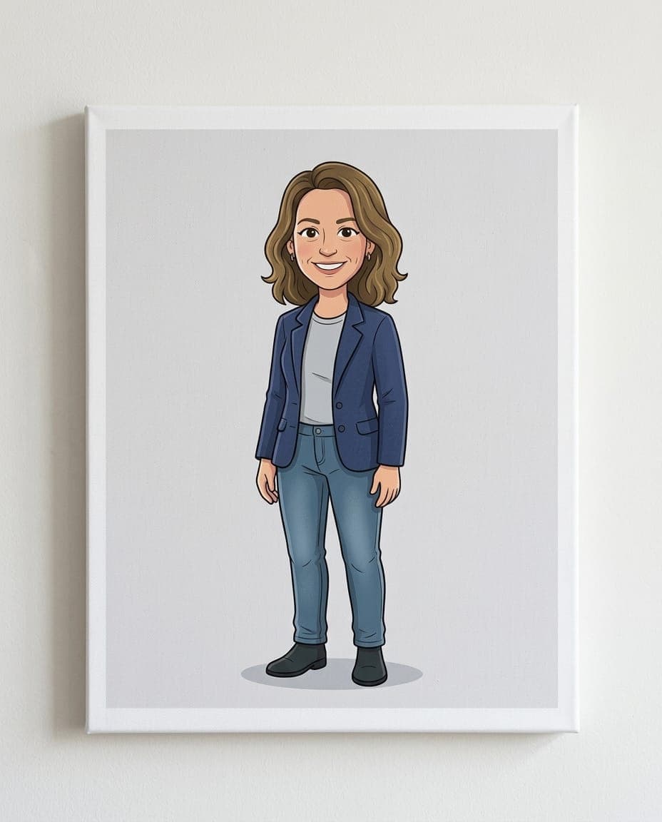 Sample canvas print of an illustrated hero portrait hung on a wall