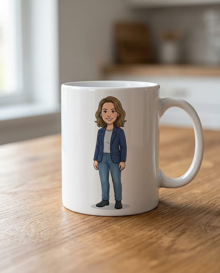 Sample mug printed with an illustrated hero portrait