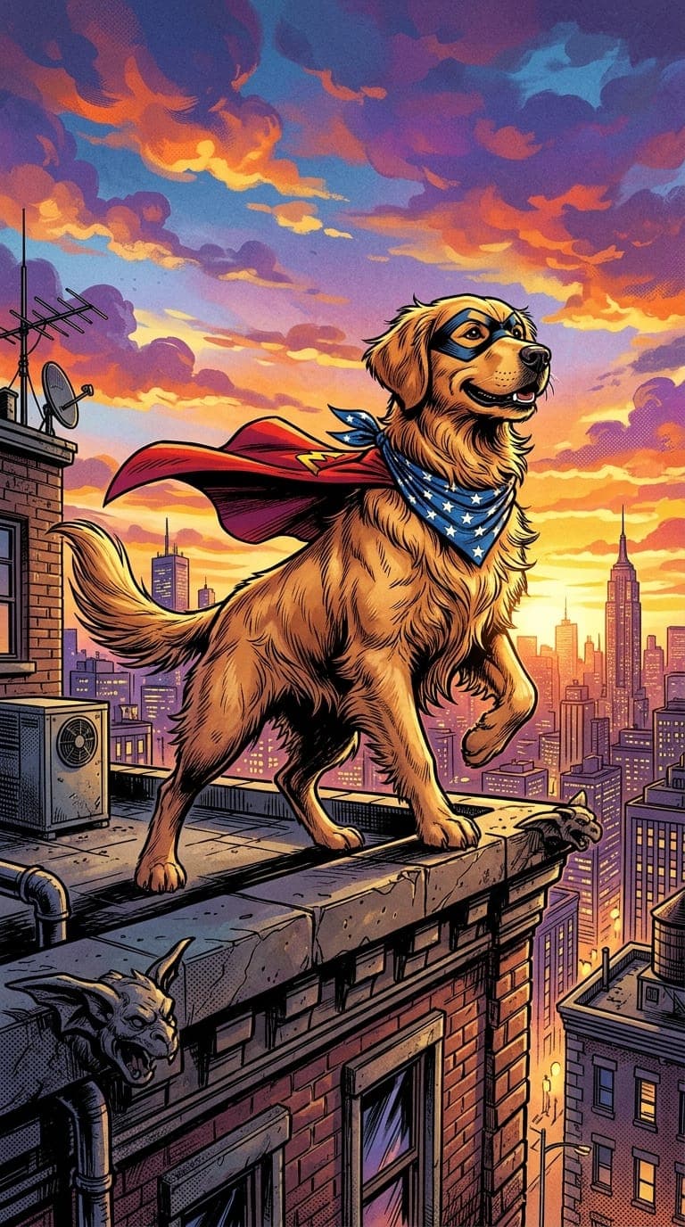 Comic book cover: a golden retriever dressed as a superhero standing on a city rooftop at sunset
