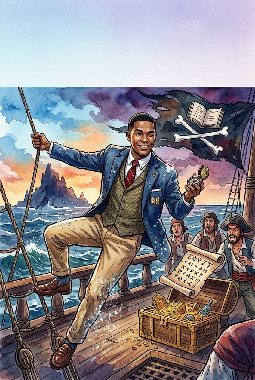 Comic book cover: a teacher-turned-pirate captain celebrating on a ship deck with a treasure chest