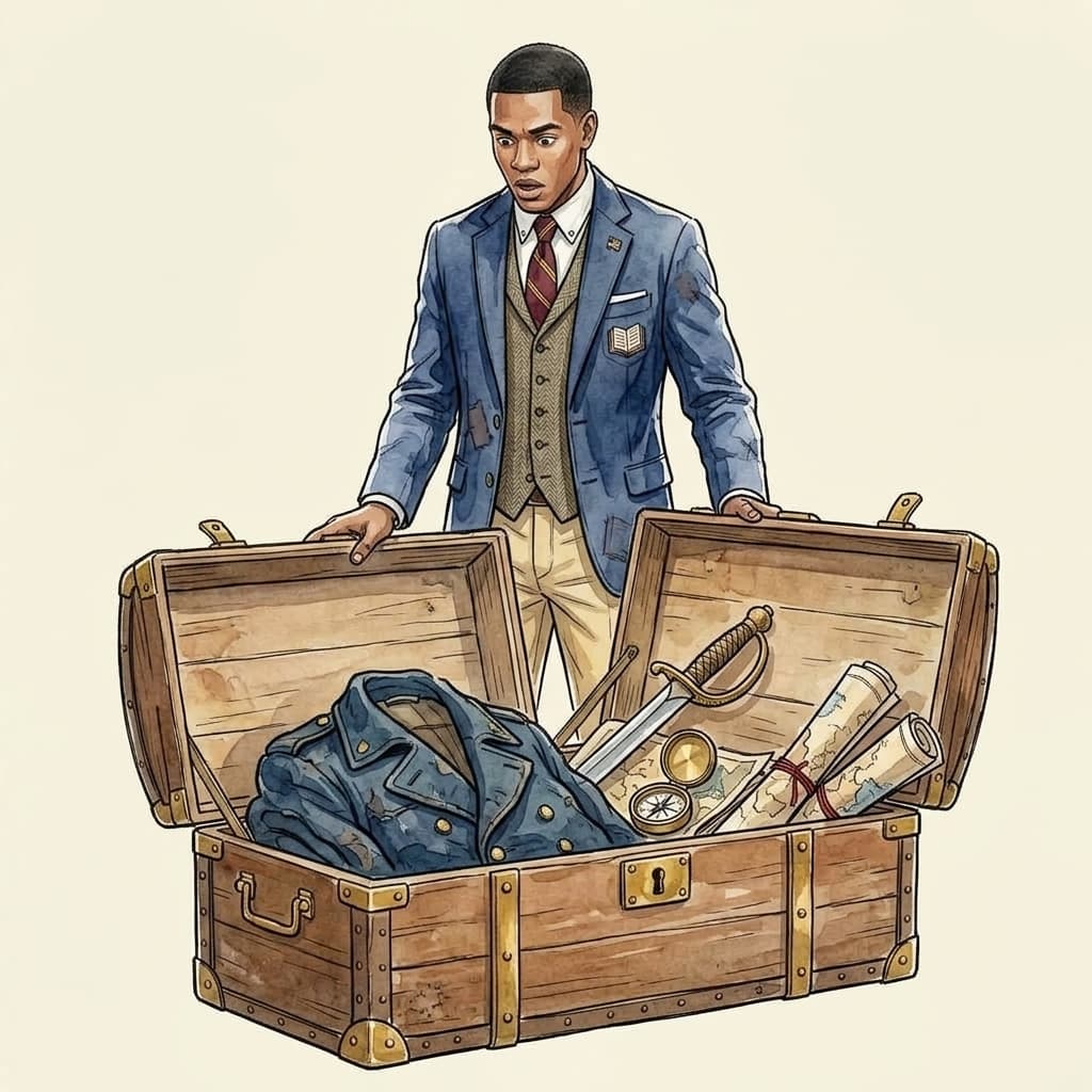 Comic panel: the same hero discovering a treasure chest full of maps and a sword