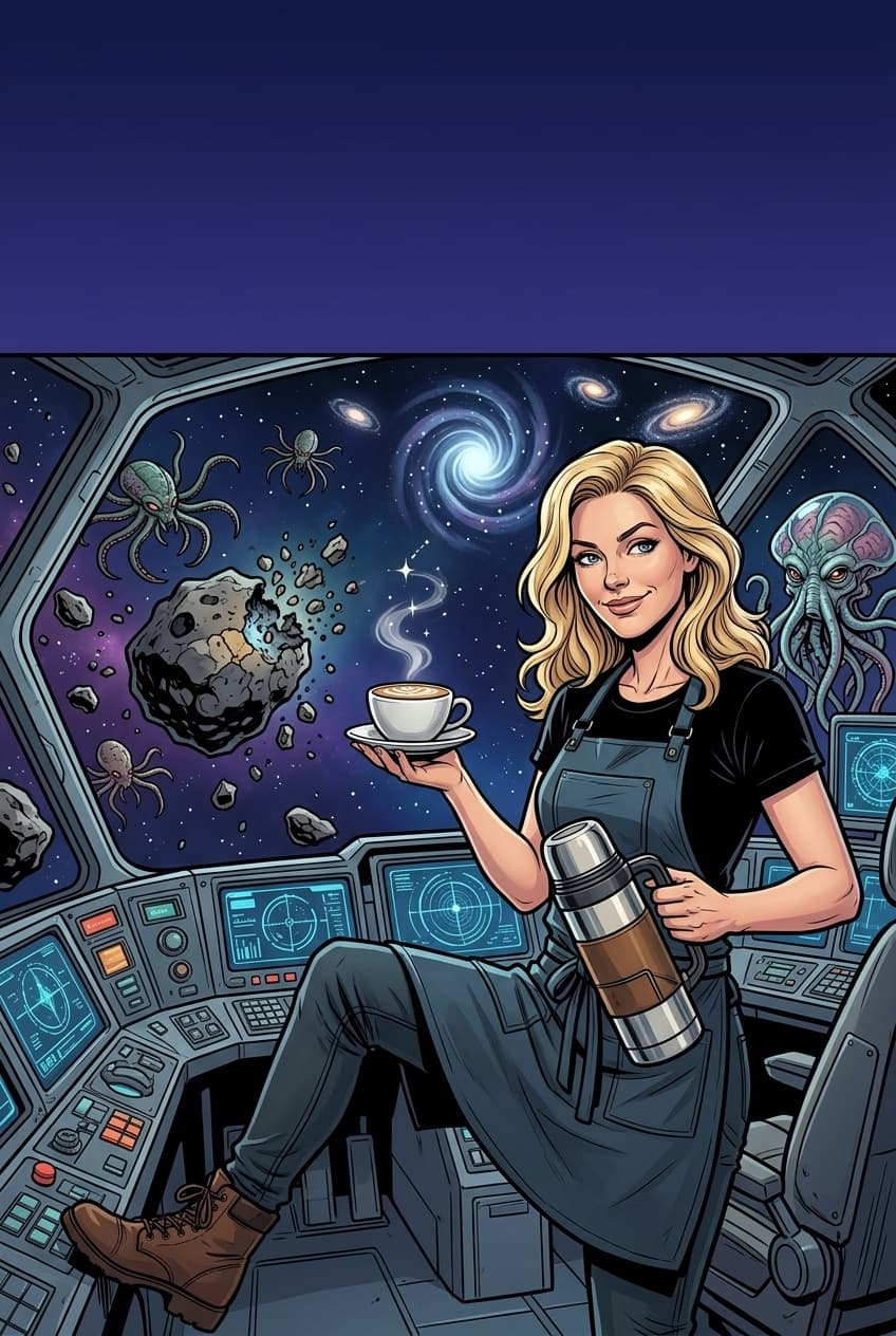 Comic book cover: a barista piloting a spaceship through an asteroid field