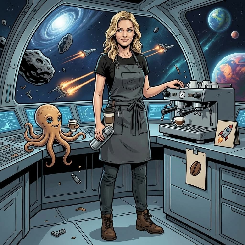 Comic panel: the same barista serving coffee to an alien octopus aboard the ship